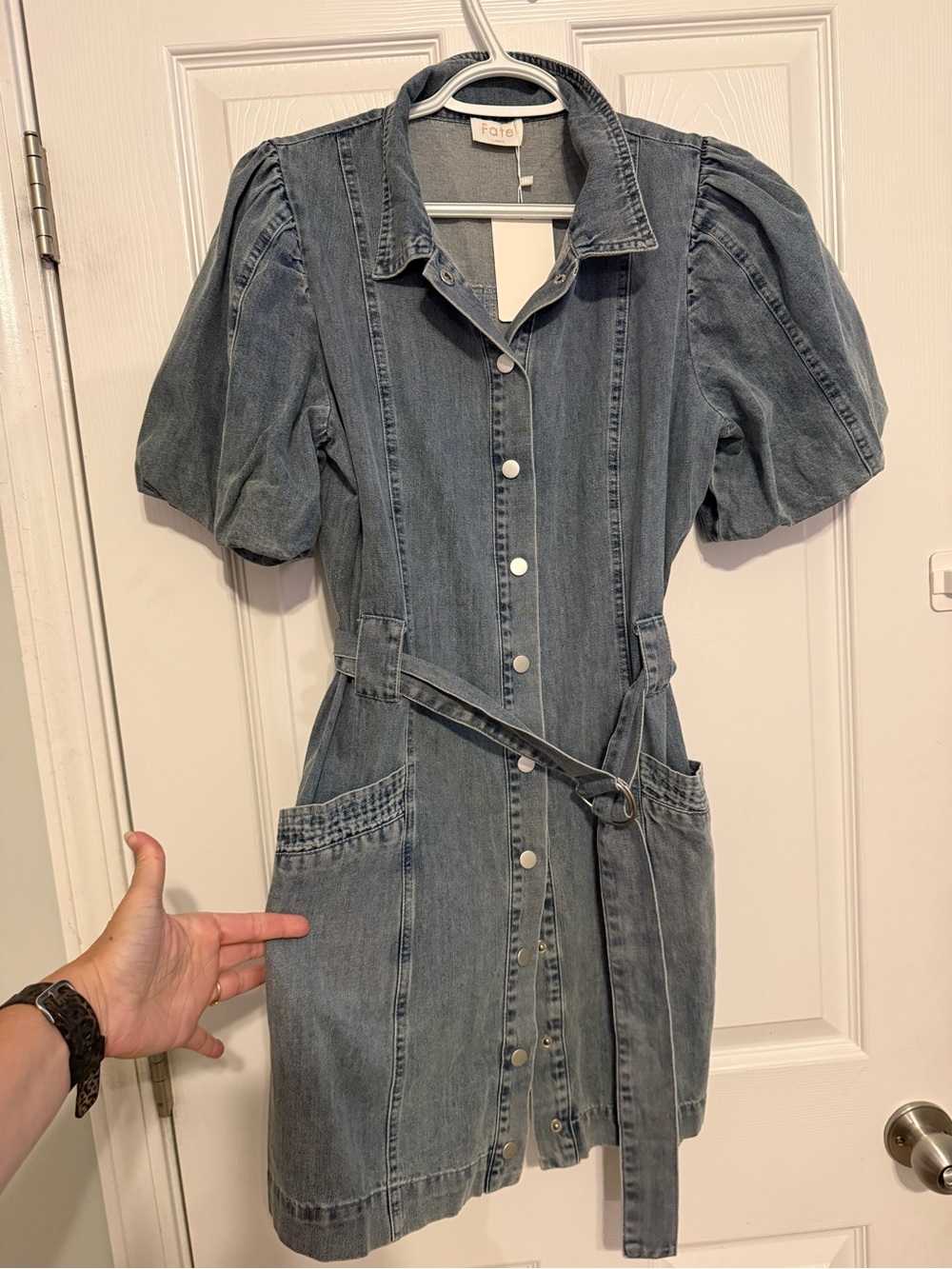 Fate Washed Blue Denim Button-Front Puff Sleeve Dress